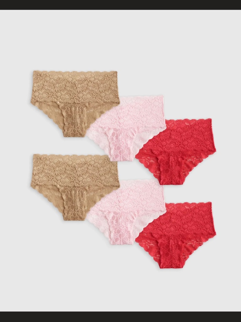 New Quince Women's Stretch Lace Cheeky Brief (6-pack) Pink Ruby Red Black. M